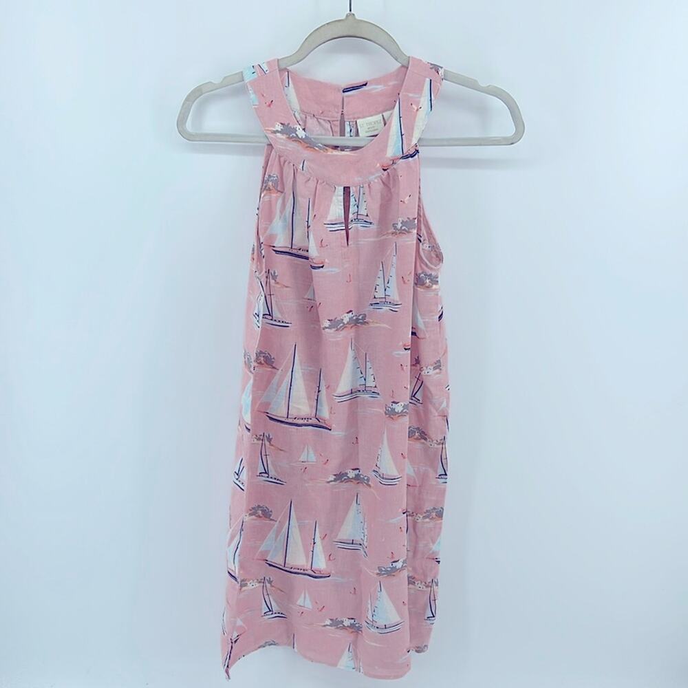 St. Tropez West 100% linen sailboat print hi neck sleeveless dresss sz S